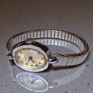 Vintage Timex Cocktail Watch Womens Stainless Stretch Bracelet Manual Wind RUNS